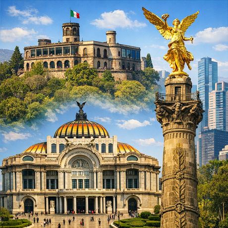 Imagén con un collage de tres lugares icónicos en la Ciudad de México: el Castillo de Chapultepec, El Palacio de Bellas Artes y el Ángel de la Independencia.